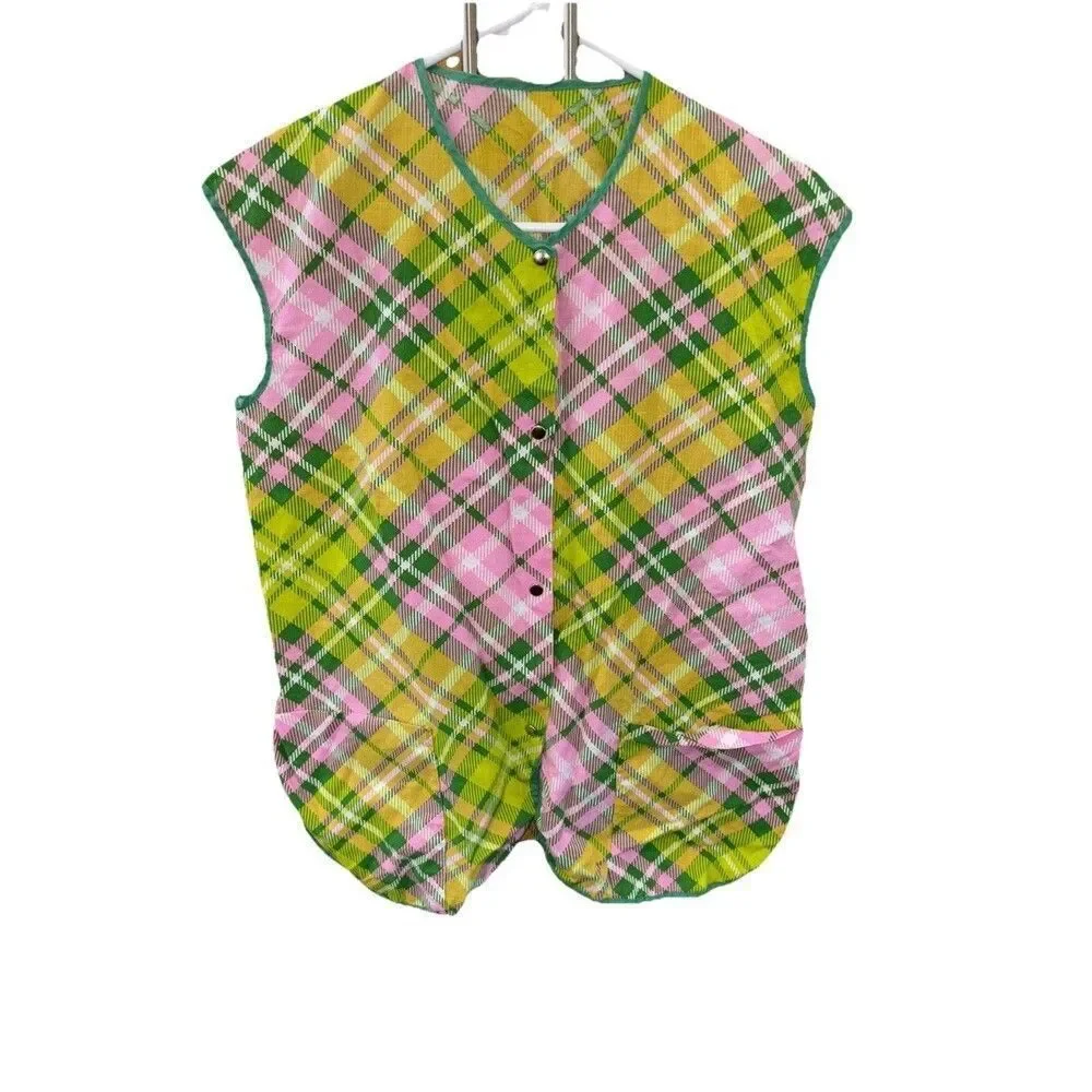 Vintage Apron Shirt 60's 70's Plaid Print Smock Top Snap Front Pockets S 20x28” - Picture 2 of 7